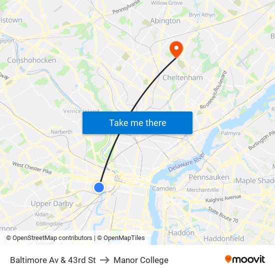 Baltimore Av & 43rd St to Manor College map