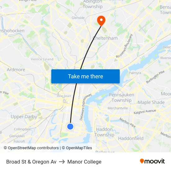 Broad St & Oregon Av to Manor College map