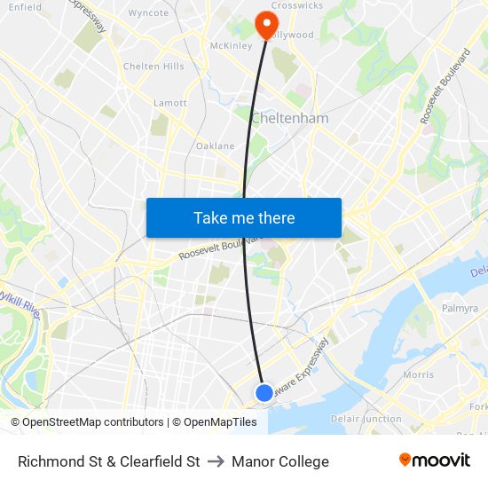 Richmond St & Clearfield St to Manor College map