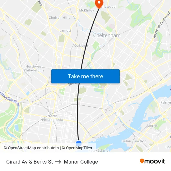 Girard Av & Berks St to Manor College map
