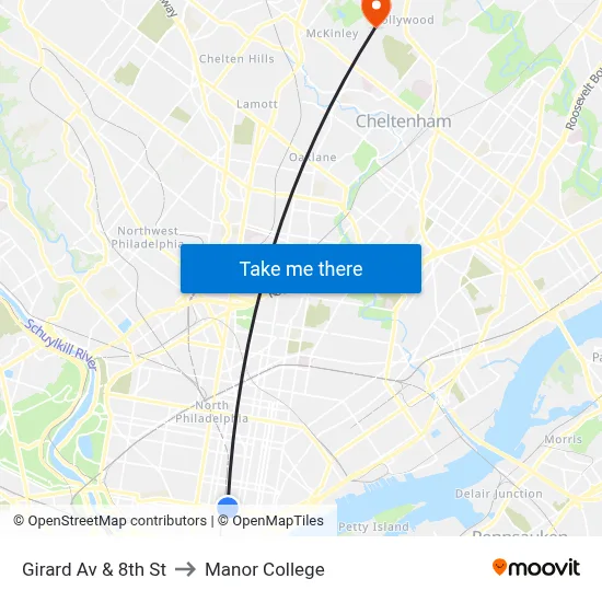 Girard Av & 8th St to Manor College map