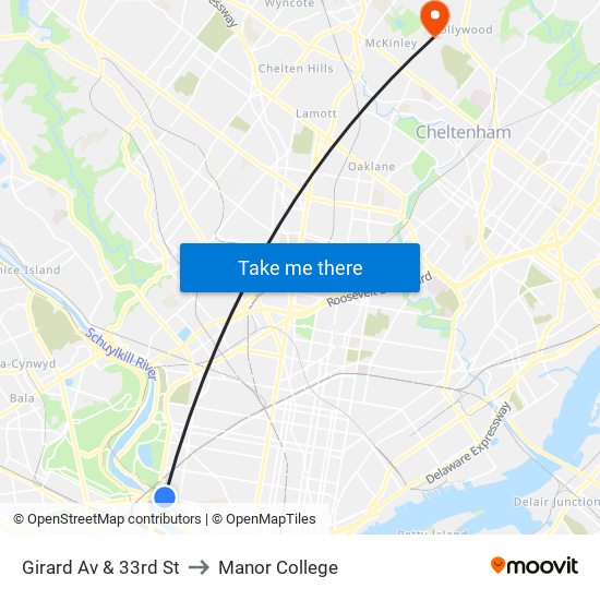 Girard Av & 33rd St to Manor College map
