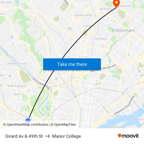 Girard Av & 49th St to Manor College map