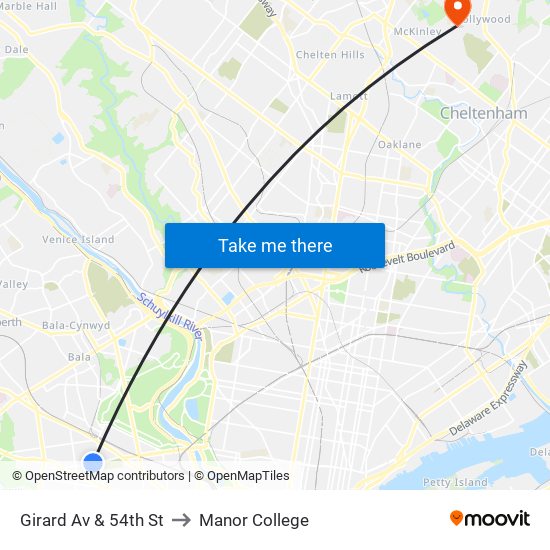 Girard Av & 54th St to Manor College map