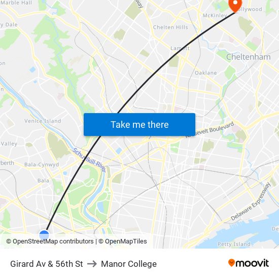 Girard Av & 56th St to Manor College map