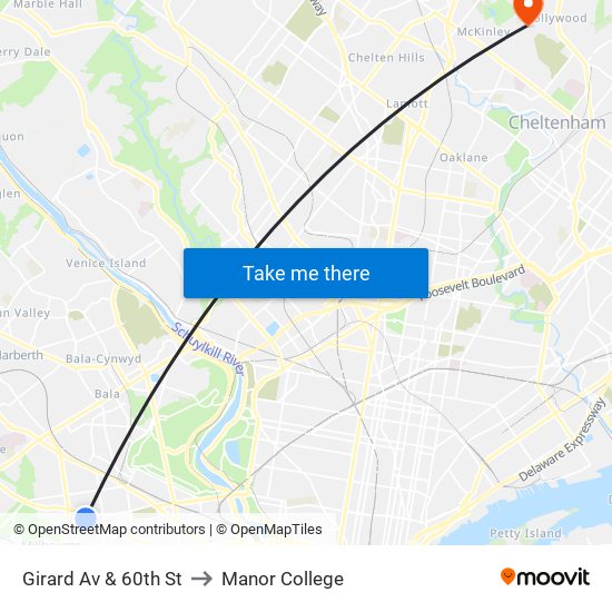 Girard Av & 60th St to Manor College map