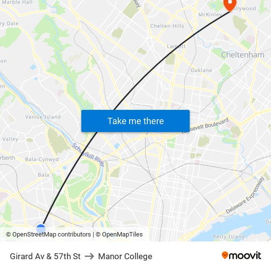 Girard Av & 57th St to Manor College map