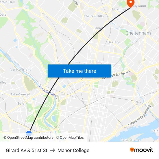 Girard Av & 51st St to Manor College map
