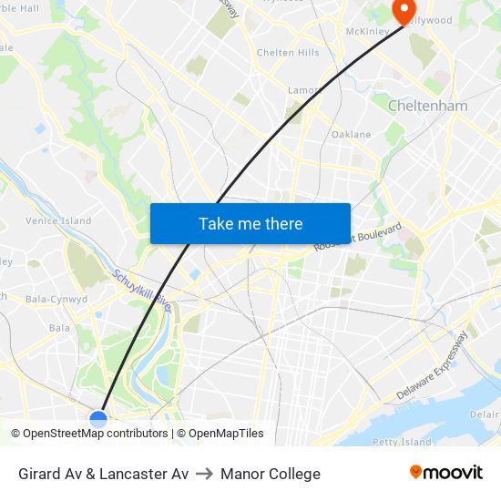 Girard Av & Lancaster Av to Manor College map