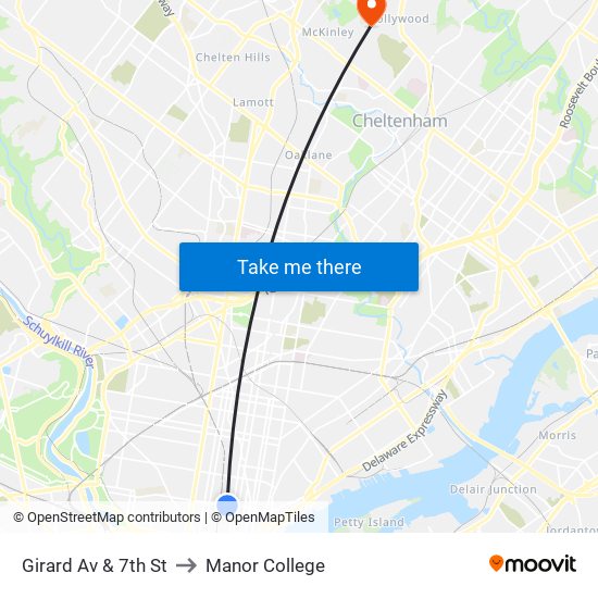 Girard Av & 7th St to Manor College map