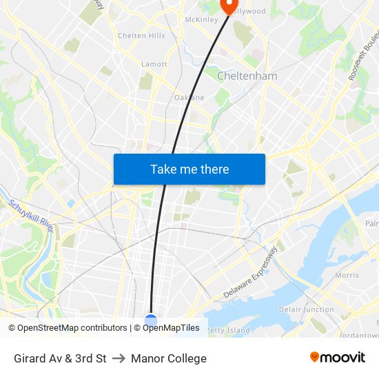 Girard Av & 3rd St to Manor College map