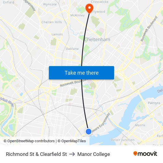 Richmond St & Clearfield St to Manor College map