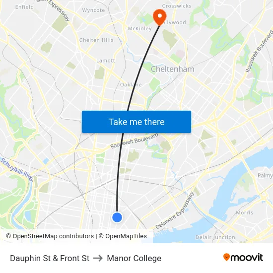 Dauphin St & Front St to Manor College map
