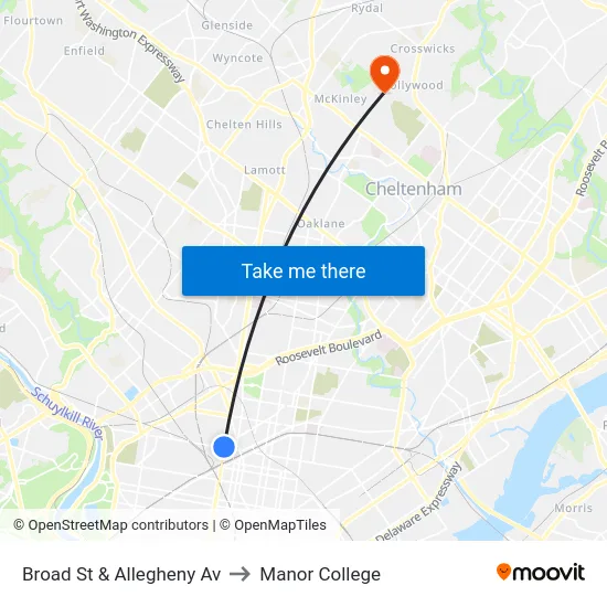 Broad St & Allegheny Av to Manor College map