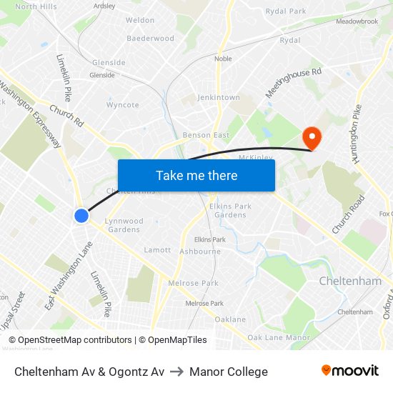 Cheltenham Av & Ogontz Av to Manor College map