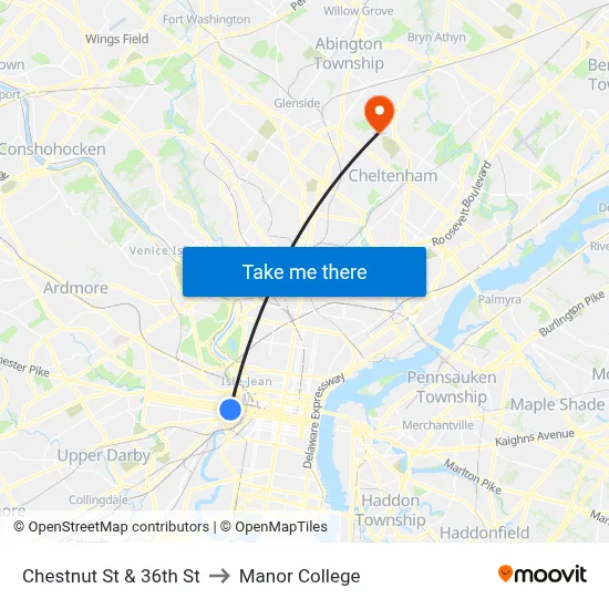 Chestnut St & 36th St to Manor College map