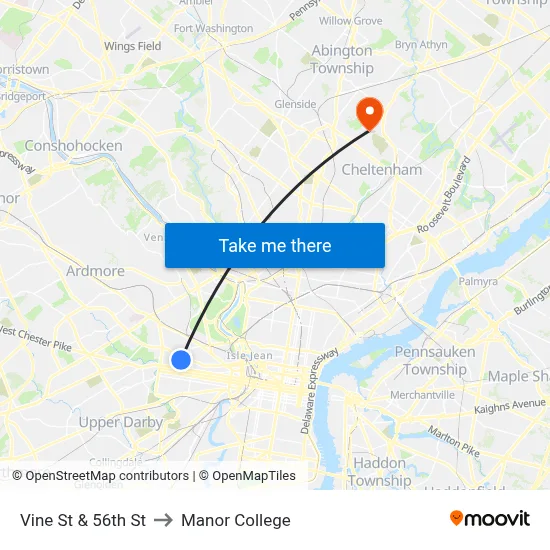 Vine St & 56th St to Manor College map
