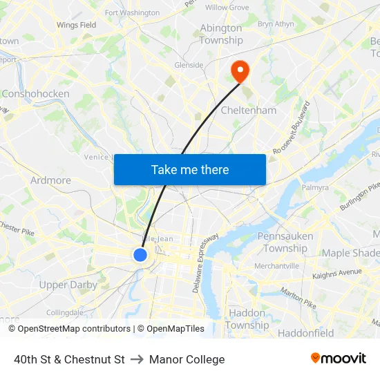 40th St & Chestnut St to Manor College map