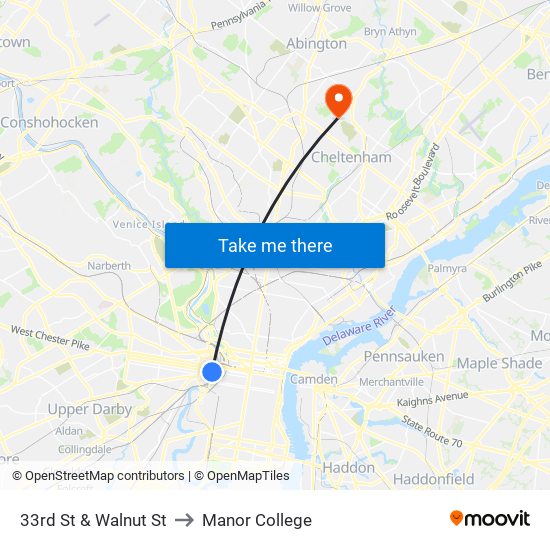 33rd St & Walnut St to Manor College map