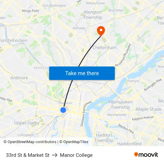 33rd St & Market St to Manor College map