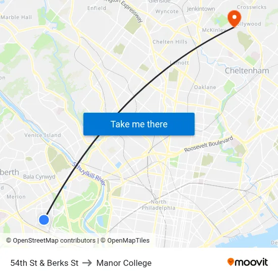 54th St & Berks St to Manor College map