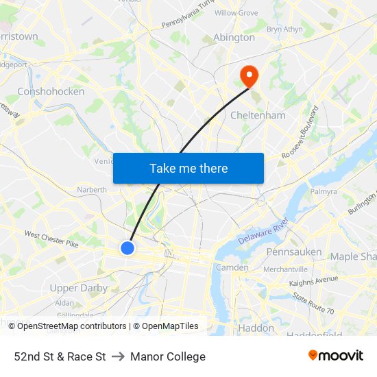 52nd St & Race St to Manor College map