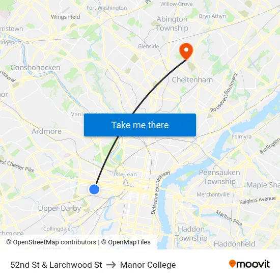 52nd St & Larchwood St to Manor College map