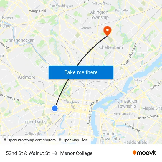 52nd St & Walnut St to Manor College map