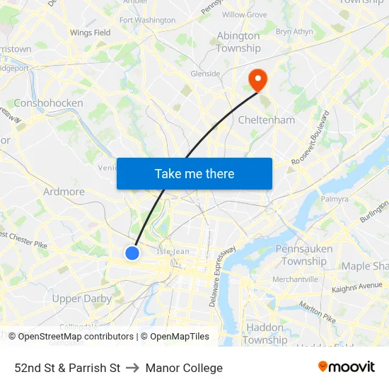 52nd St & Parrish St to Manor College map