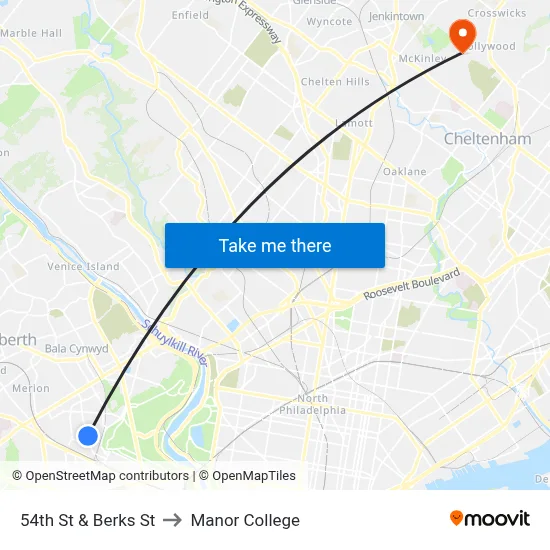 54th St & Berks St to Manor College map
