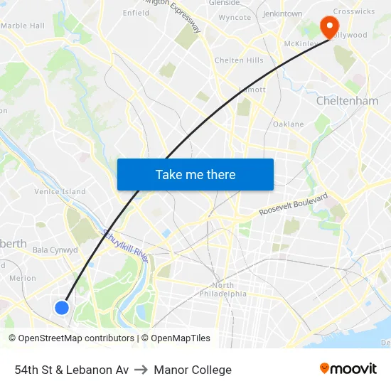 54th St & Lebanon Av to Manor College map