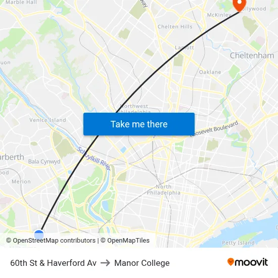 60th St & Haverford Av to Manor College map