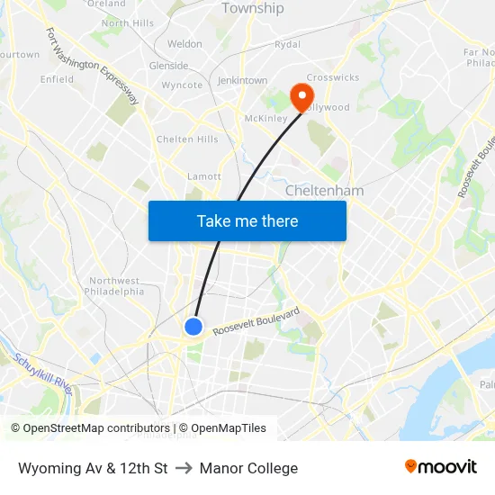 Wyoming Av & 12th St to Manor College map