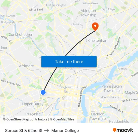 Spruce St & 62nd St to Manor College map