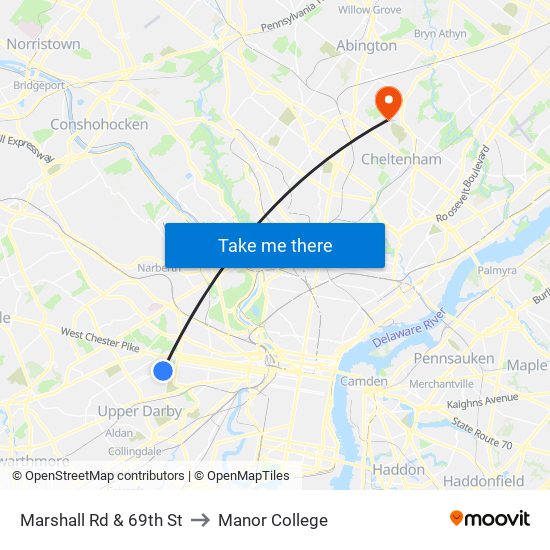 Marshall Rd & 69th St to Manor College map