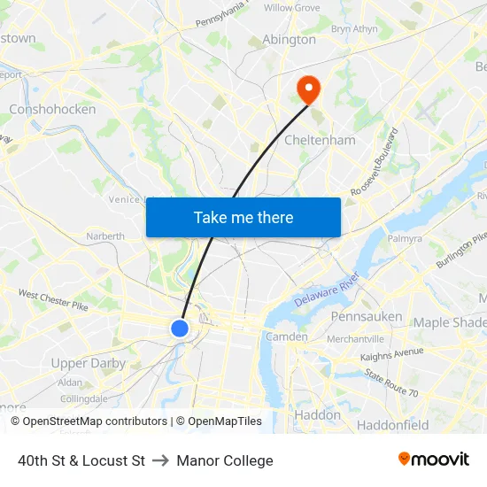 40th St & Locust St to Manor College map