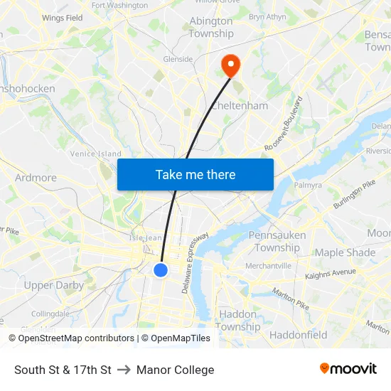 South St & 17th St to Manor College map