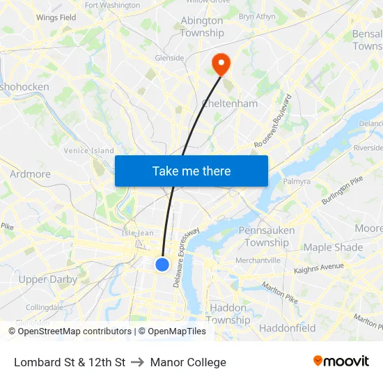 Lombard St & 12th St to Manor College map