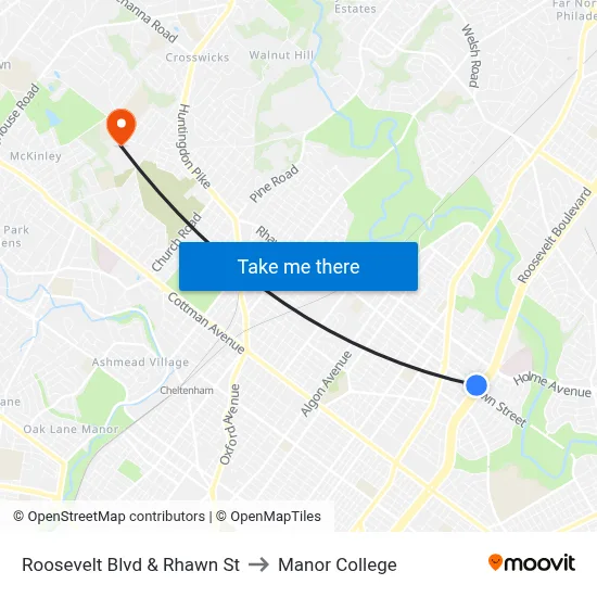 Roosevelt Blvd & Rhawn St to Manor College map
