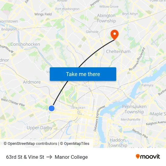 63rd St & Vine St to Manor College map