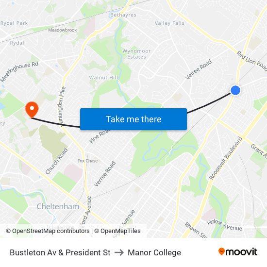 Bustleton Av & President St to Manor College map