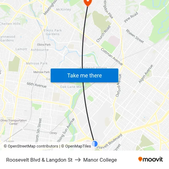 Roosevelt Blvd & Langdon St to Manor College map