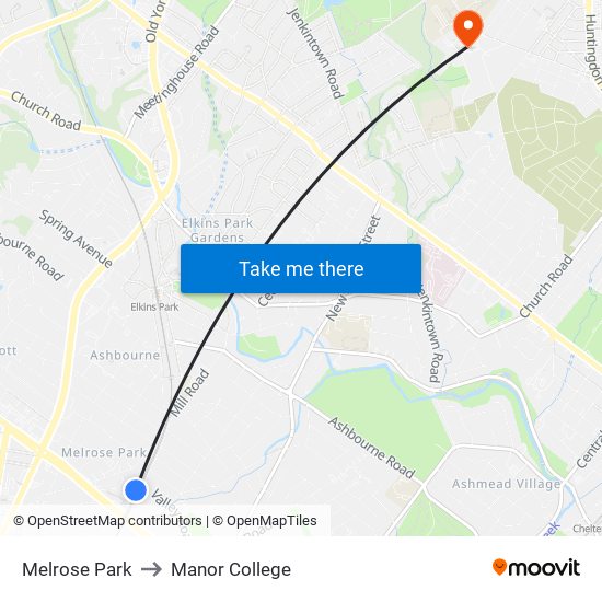 Melrose Park to Manor College map