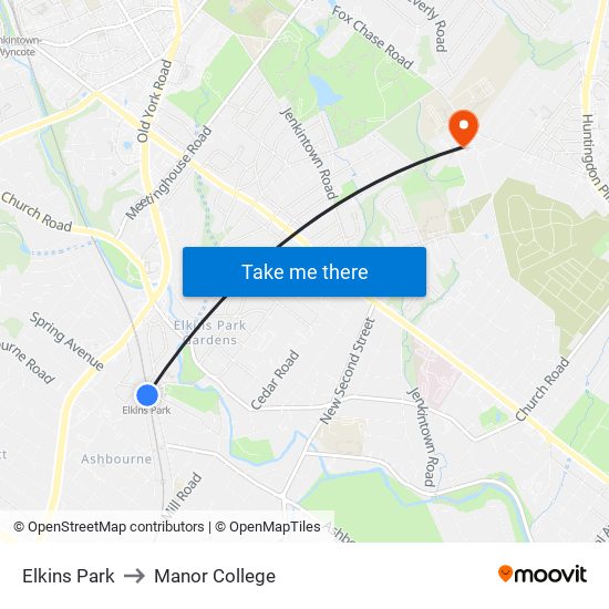 Elkins Park to Manor College map