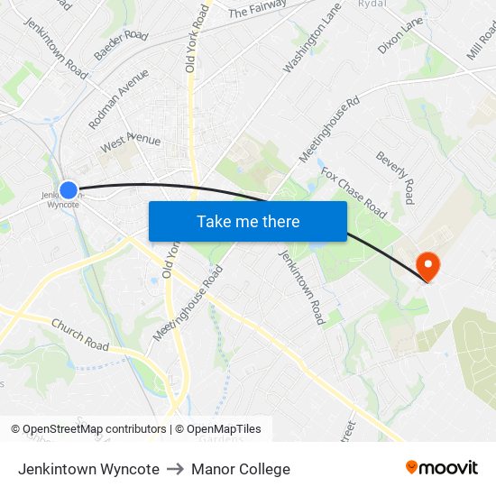 Jenkintown Wyncote to Manor College map