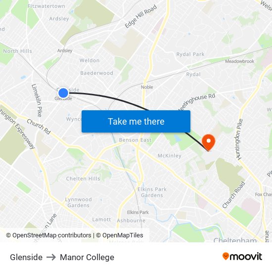 Glenside to Manor College map