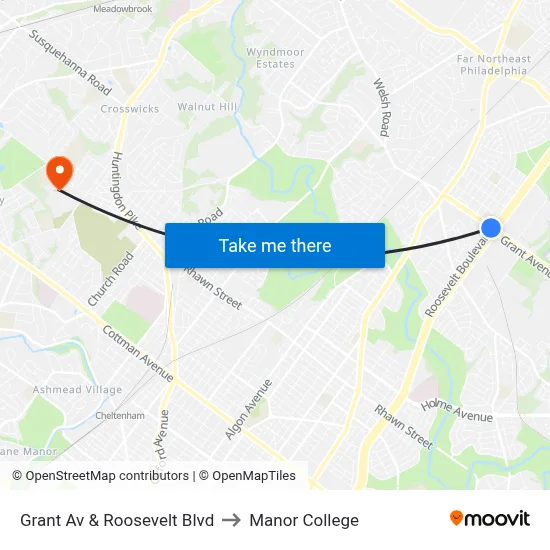 Grant Av & Roosevelt Blvd to Manor College map