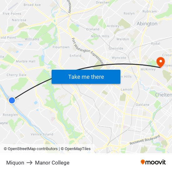 Miquon to Manor College map
