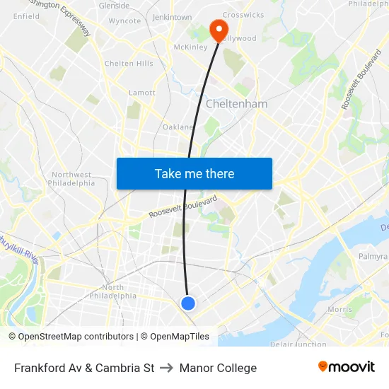 Frankford Av & Cambria St to Manor College map