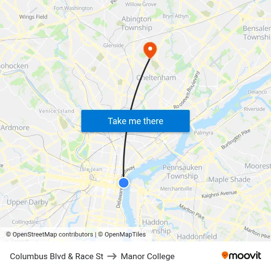 Columbus Blvd & Race St to Manor College map